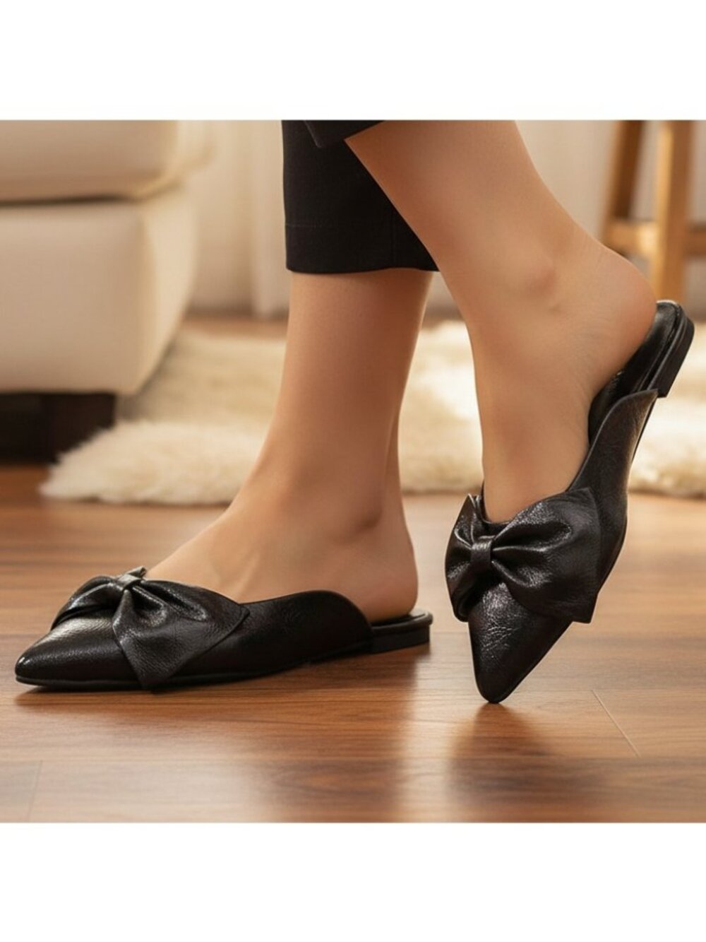 Oversized Bow Pointed Toe Flats Vegan Faux Leather Mules Open Back Slip-On Shoes